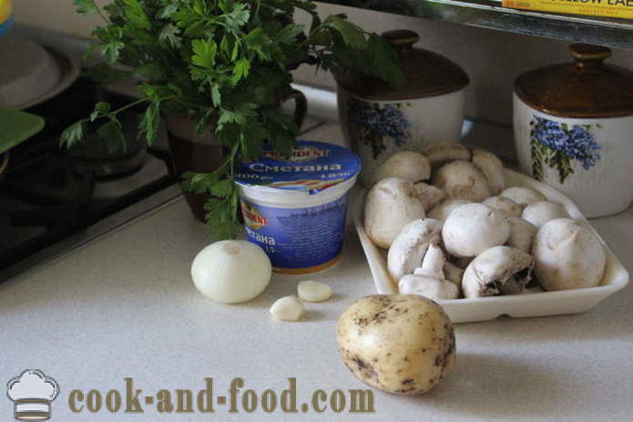 Kartupeļi ar sēnēm ar krējumu un ķiplokiem - kā gatavot kartupeļus ar sēnēm pannas, soli pa solim recepšu fotogrāfijas