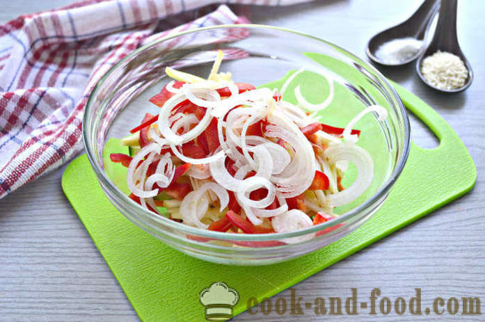 Svaigu dārzeņu salāti ar sezama - kā padarīt salāti ar sezama sēklām un dārzeņiem, ar soli pa solim recepšu fotogrāfijas