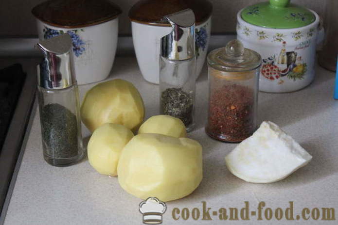 Kartupeļus un selerijas cepeškrāsnī - kā garšīgu dārzeņu cep cepeškrāsnī, ar soli pa solim recepšu fotogrāfijas