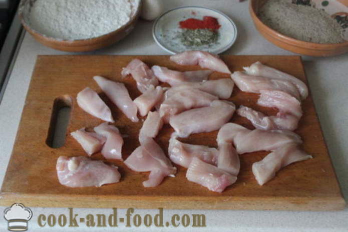 Nuggets no vistas krūts panētas un apceptas uz pannas - kā padarīt vistas tīrradņi no mājas soli pa solim recepšu fotogrāfijas