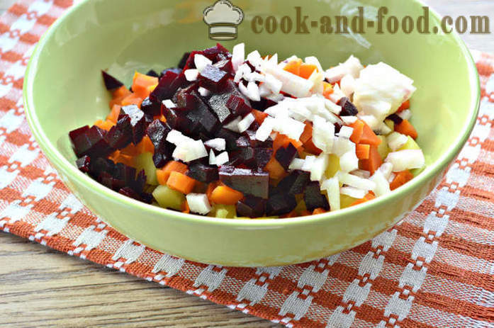 Vienkāršs dārzeņu salāti ar siļķi - kā padarīt vinegretu ar siļķi, soli pa solim recepšu fotogrāfijas