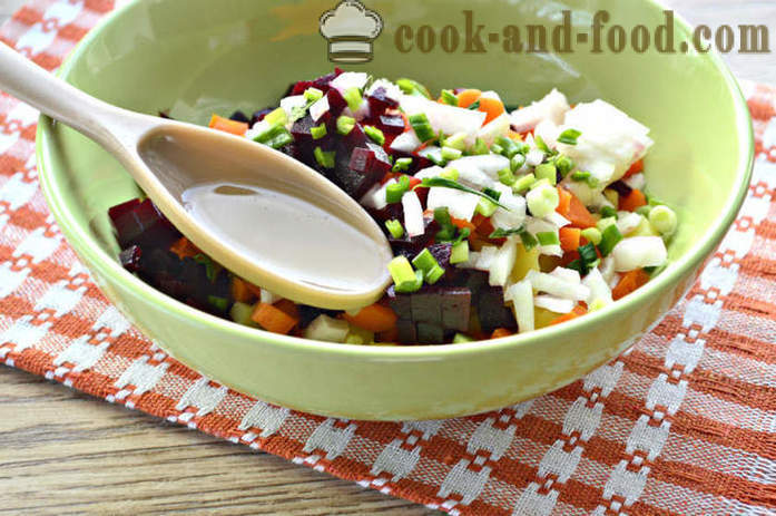 Vienkāršs dārzeņu salāti ar siļķi - kā padarīt vinegretu ar siļķi, soli pa solim recepšu fotogrāfijas