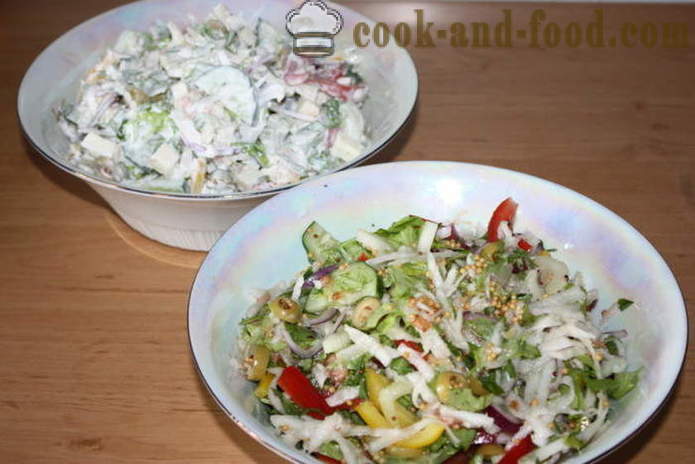 Salāti ar dārzeņiem un mocarellu - kā padarīt salāti ar dārzeņiem un sieru, ar soli pa solim recepšu fotogrāfijas