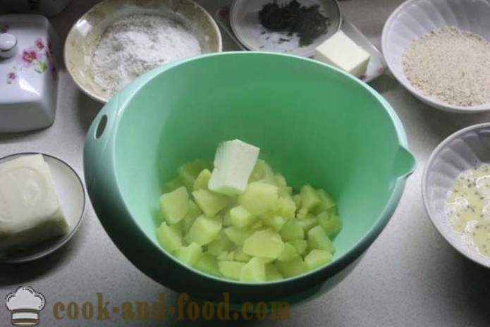 Bumbas kartupeļi ar sieru un zaļumiem eļļā - kā padarīt kartupeļu bumbiņas ar sieru, soli pa solim recepšu fotogrāfijas