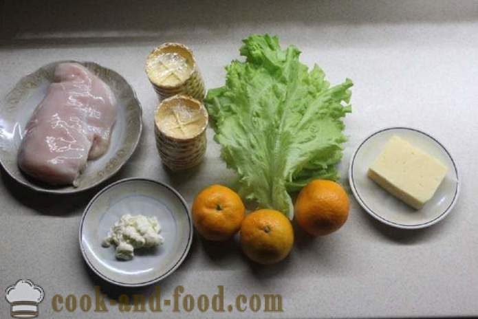 Jaungada salāti ar vistas krūtiņu un mandarīna - kā sagatavot salāti ar vistu un mandarīniem, soli pa solim recepšu fotogrāfijas