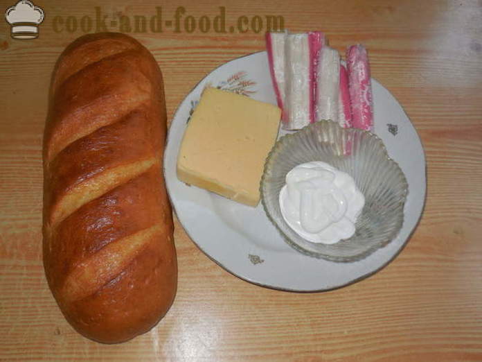 Karstās sviestmaizes ar sieru un krabju nūjiņas - kā padarīt karstu sviestmaizes krāsnī, ar soli pa solim recepšu fotogrāfijas