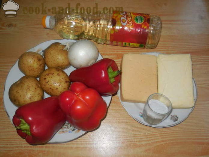 Peppers pildītas ar kartupeļu biezeni un cep krāsnī - kā gatavot pildīti pipari ar kartupeļiem un sieru, ar soli pa solim recepšu fotogrāfijas