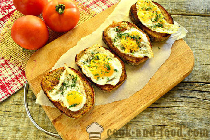 Franču grauzdiņš ar olu un zaļumiem uz pannas - kā padarīt tostu ar olu brokastīm, soli pa solim recepšu fotogrāfijas