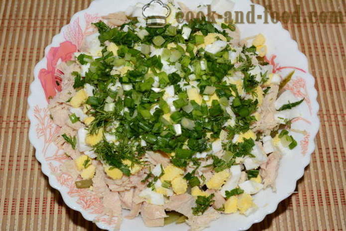 Selerijas salāti ar vistu, olu, gurķi un majonēzi - Kā sagatavot salāti selerijas sakne, soli pa solim recepšu fotogrāfijas