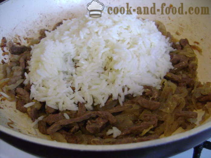 Rīsi ar gaļu ķīniešu - kā gatavot rīsus ar gaļu uz pannas, soli pa solim recepšu fotogrāfijas