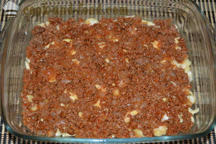 Makaroni kastrolis ar malto gaļu un bešamela mērce - kā gatavot makaronus cepti krāsnī, ar soli pa solim recepšu fotogrāfijas