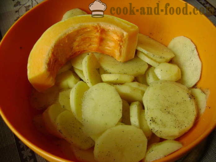 Cepti kartupeļi ar ķirbi un krējuma - kā gatavot kartupeļus ķirbju krāsnī, ar soli pa solim recepšu fotogrāfijas