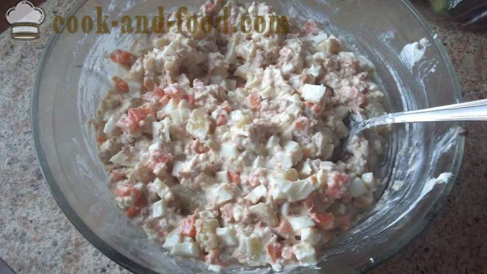 Salāti ar tunci ar olu un kartupeļiem - kā sagatavot salāti tunzivju konservu, soli pa solim recepšu fotogrāfijas