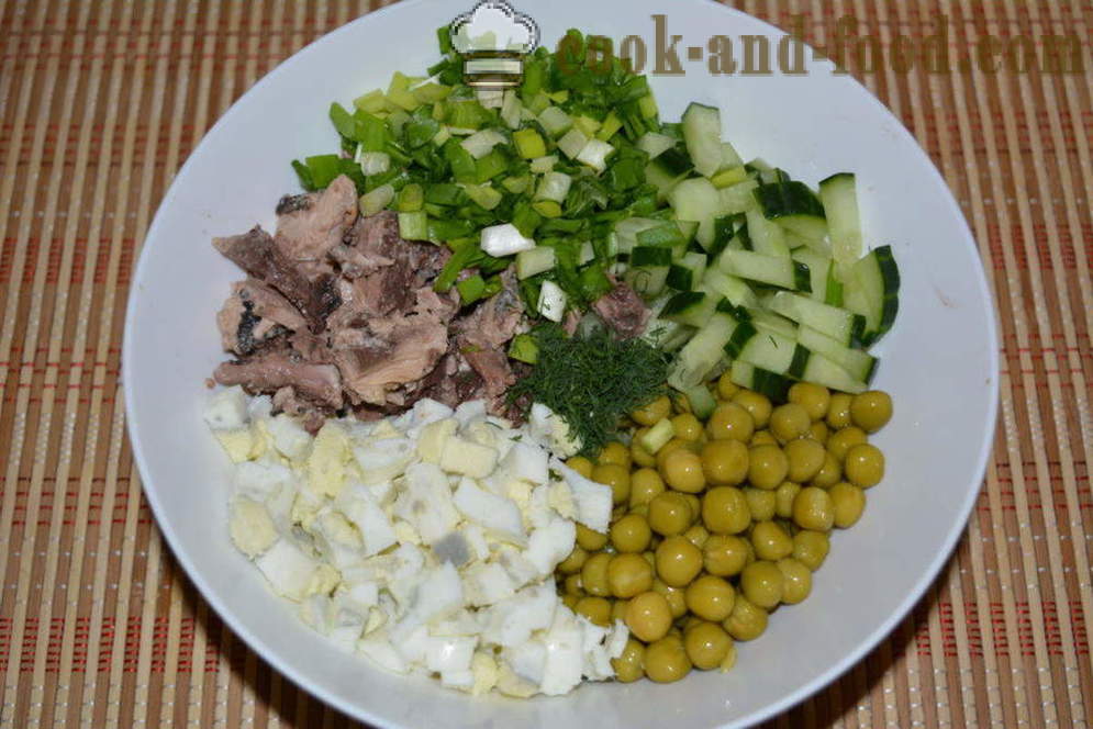 Salāti ar konservētu tunci un majonēzi - kā sagatavot salāti ar konservētu tunci, soli pa solim recepšu fotogrāfijas