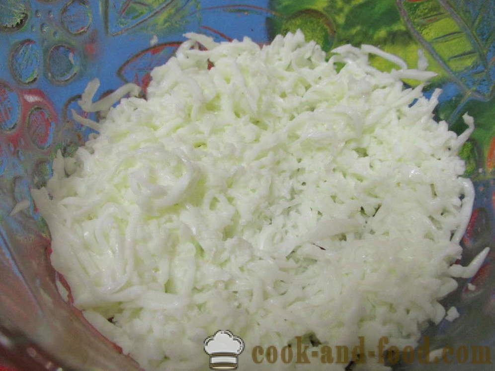 Mimosa salāti ar konservētu un kausētais siers - kā sagatavot salāti ar Mimosa konservi bez eļļas, soli pa solim recepšu fotogrāfijas
