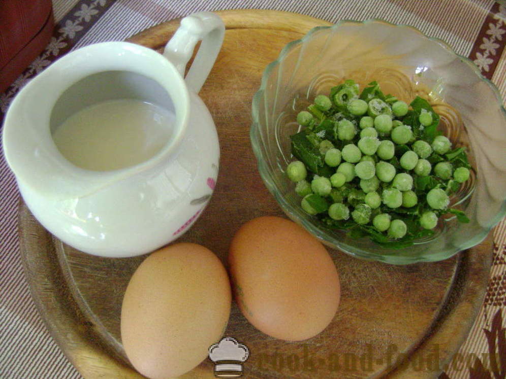 Sulīgs olu kulteni ar pienu, spinātiem un zirņiem - kā padarīt pūkains omlete pannā, ar soli pa solim recepšu fotogrāfijas