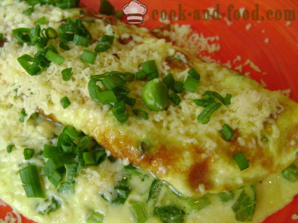 Sulīgs olu kulteni ar pienu, spinātiem un zirņiem - kā padarīt pūkains omlete pannā, ar soli pa solim recepšu fotogrāfijas