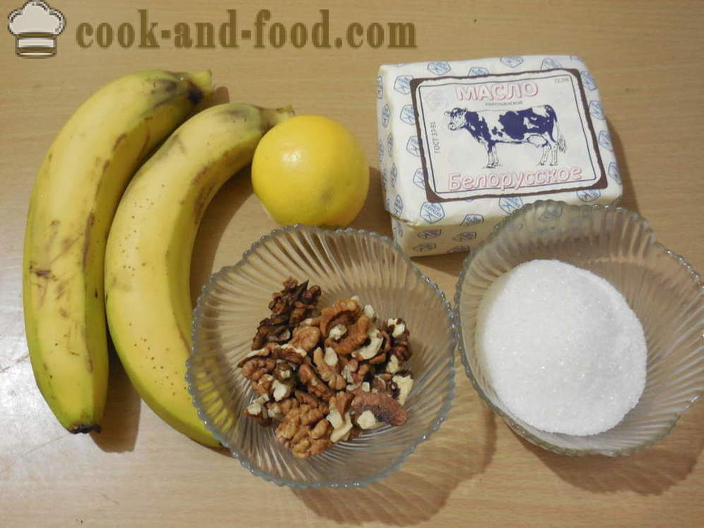 Banāni cep cepeškrāsnī ar riekstiem un cukuru - piemēram, ceptiem banāniem krāsnī desertu, soli pa solim recepšu fotogrāfijas