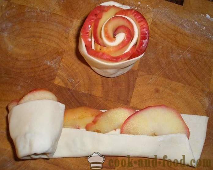 Rose kūka kārtainās mīklas un āboliem zem sniega pūdercukurā - recepti krāsnī, ar fotoattēliem