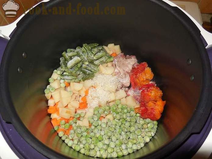 Delicious dārzeņu zupa ar gaļu multivarka - soli pa solim receptes ar fotogrāfijām, kā gatavot dārzeņu zupa ar saldētiem zirņiem un zaļās pupiņas