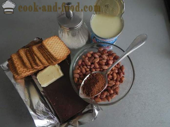 Pašdarināts šokolādes desas cepumi ar kondensēto pienu un rieksti, olu-bezmaksas - soli pa solim recepte šokolādes salami, ar fotogrāfijām.