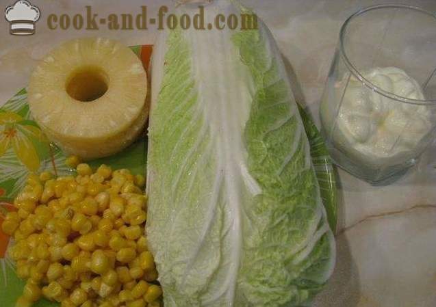 Ķīnas kāpostu salāti ar ananāsu, kukurūzas un granātābola - viegli, vienkārši un ļoti garšīgs, ar soli pa solim recepšu fotogrāfijas